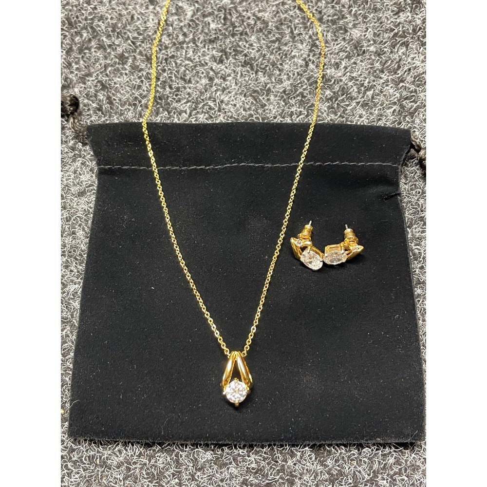 14k Gold Electroplated Cubic Zirconia Necklace and Earring Jewelry Set Gold Tone